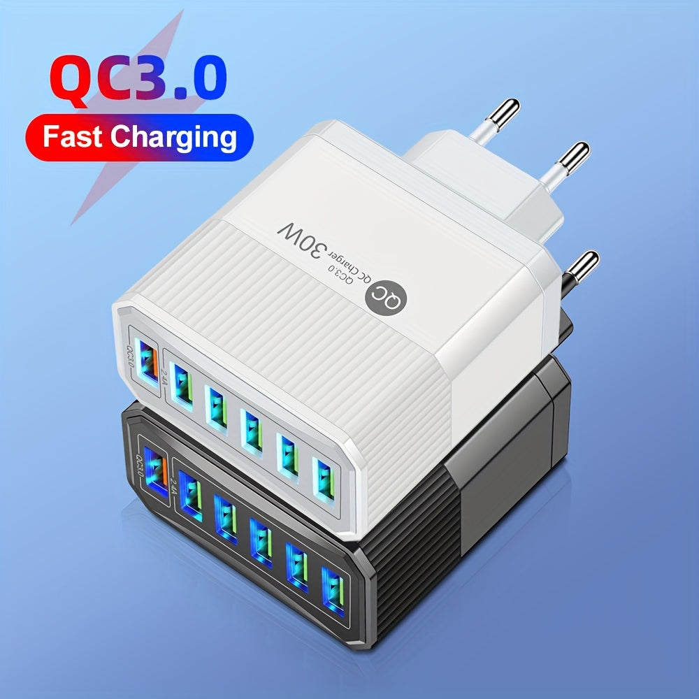 6-port USB devor zaryadkasi 30W tez zaryadlash QC 3.0 EU rozetkasi uchun mobil qurilmalar