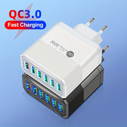 6-port USB devor zaryadkasi 30W tez zaryadlash QC 3.0 EU rozetkasi uchun mobil qurilmalar