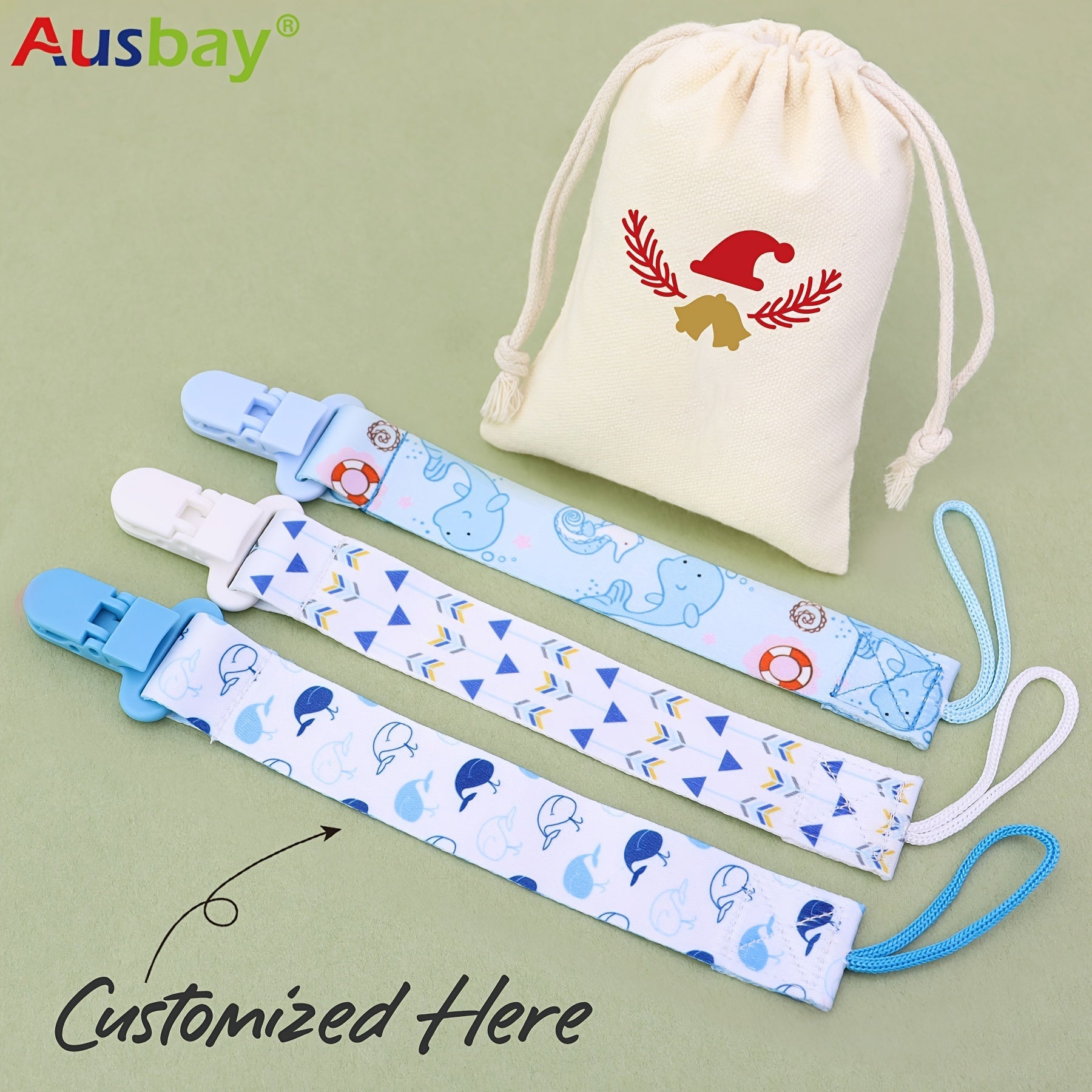 Personalized Baby Pacifier Holder Clips in Custom Gift Bags for Boys and Girls