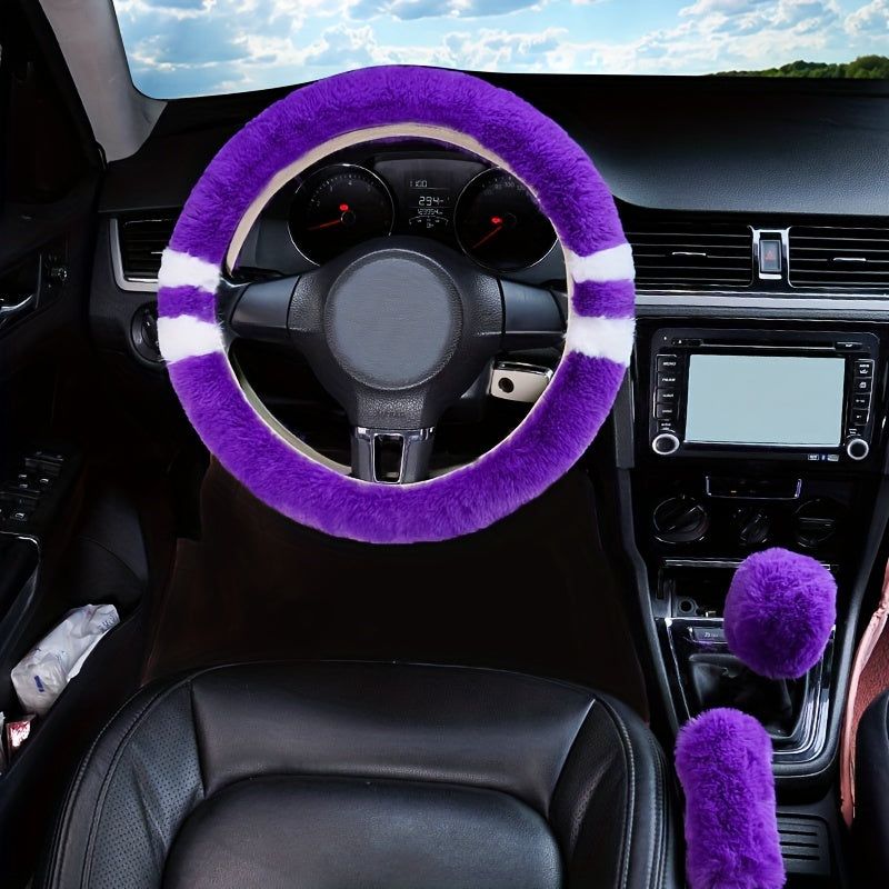 3pcs Winter Fur Plush Steering Wheel Covers Handbrake Gear Shift Fluffy Car SUV