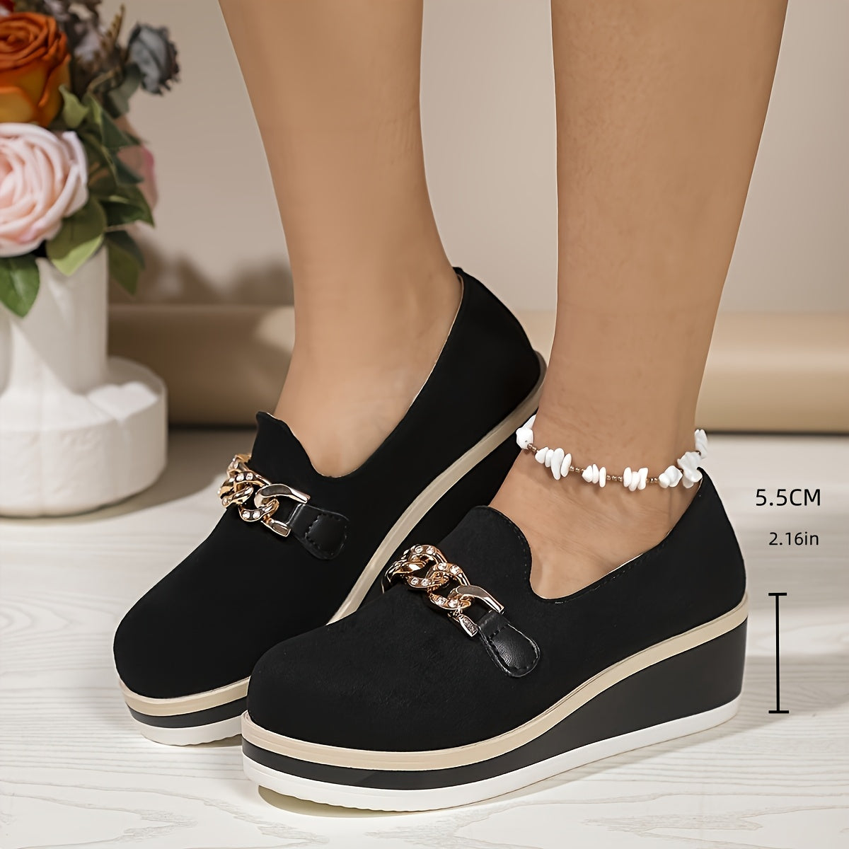 Women's Black Slip-On Loafers with Gold Chain Rhinestone Accents