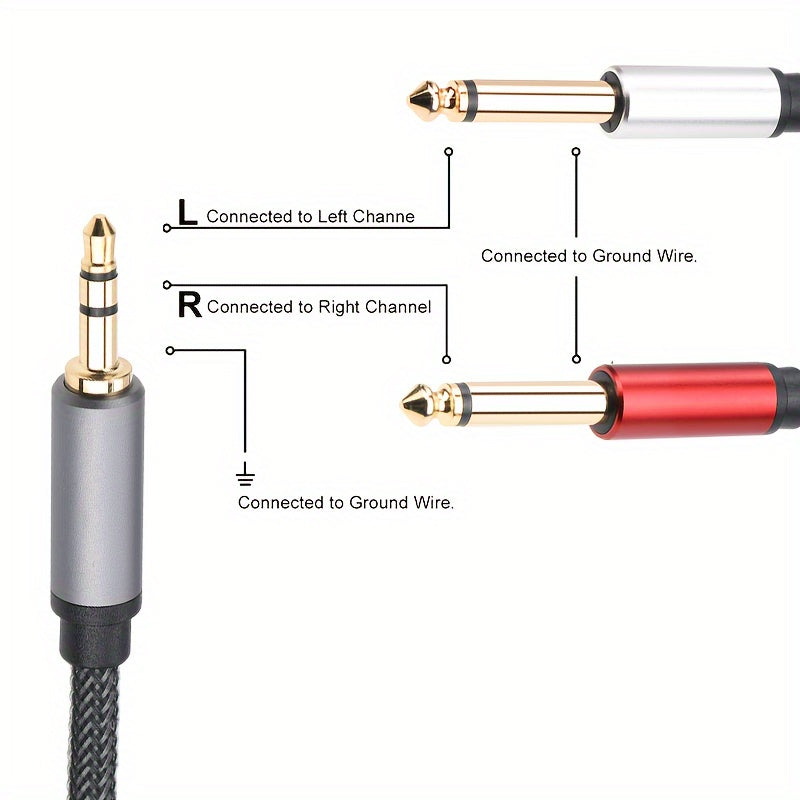 3.5mm to 2-6.35mm Audio Cable Y-Splitter Nylon Mesh Oxygen-Free Copper