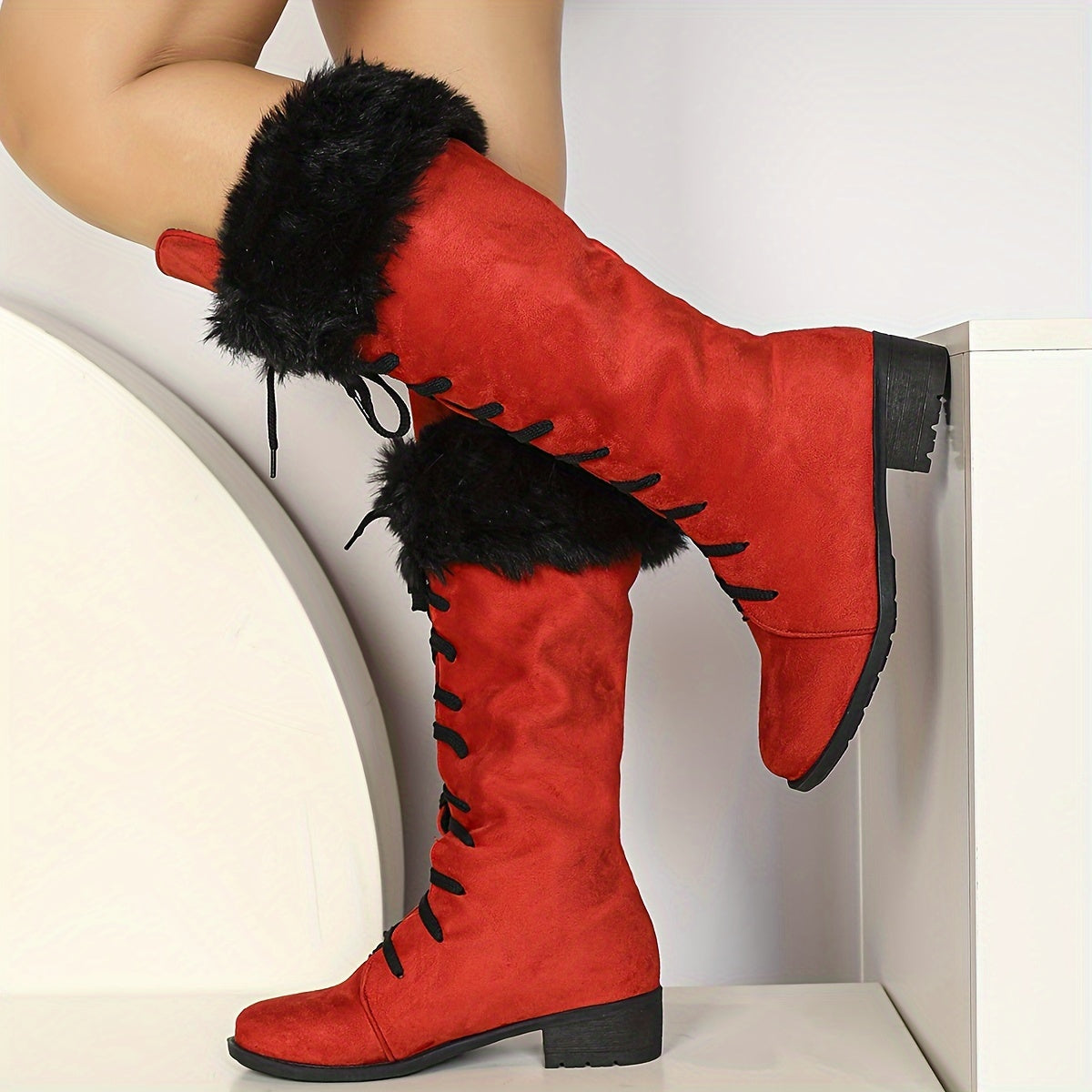 Women's Winter Faux Fur Trim Knee-High Boots Retro Style Cold Weather