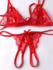 Women's Floral Lace Lingerie Set with Semi-Sheer Bra and Crotchless Thong