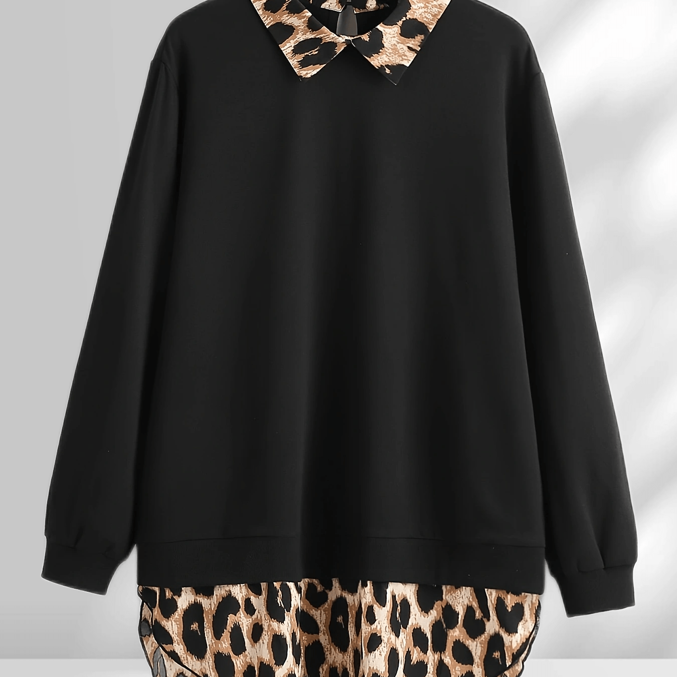 Plus Size Leopard Stitching Sweatshirt with Lapel Collar for Women
