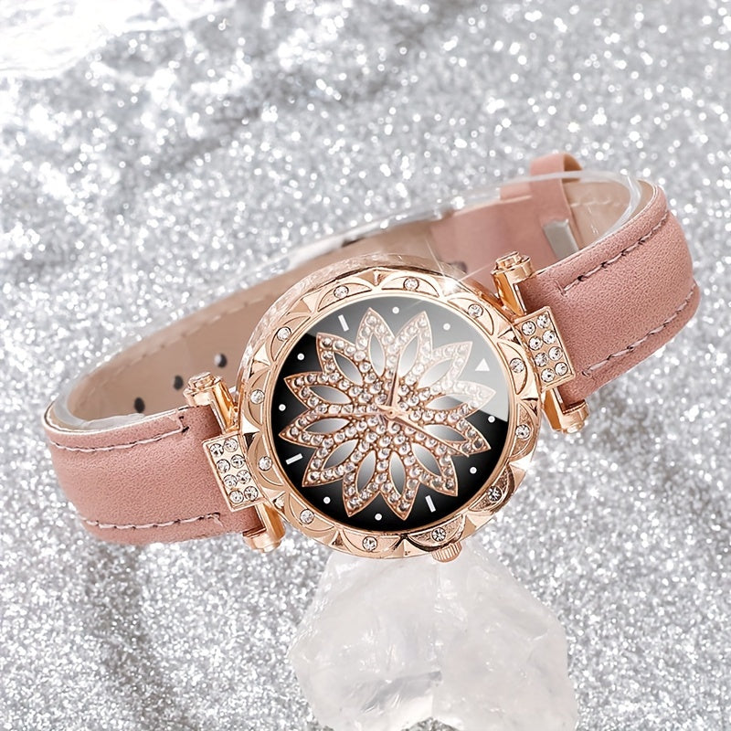 3-Piece Women's Watch Set Quartz Analog Rhinestone Leather Case Jewelry