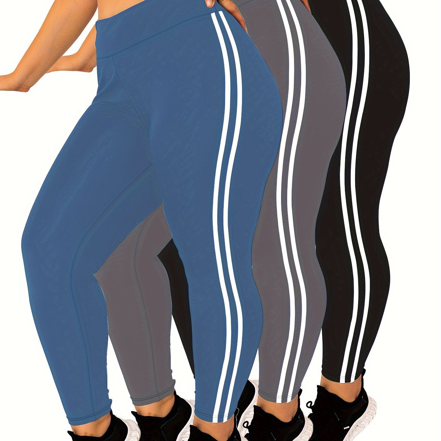 Plus Size High Waist Skinny Leggings Polyester Knit Solid Color Side Stripes All-Season Yoga Pants