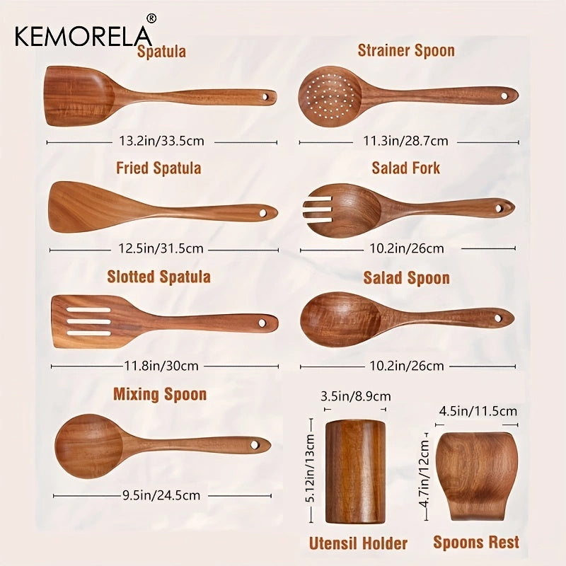 Set of 9 Teak Wood Kitchen Utensils with Utensil Holder and Spoon Rest