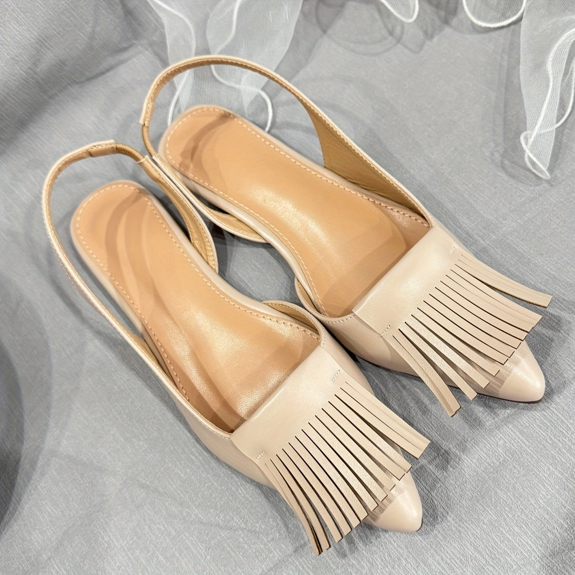 Women's Apricot Wide Fit Flat Sandals with Tassels, Comfortable Casual Shoes