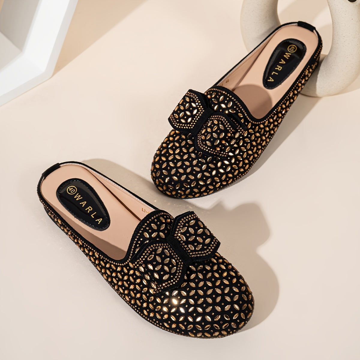 Women's Vintage Rhinestone Bowknot Mules Black Fabric Flats All-Season