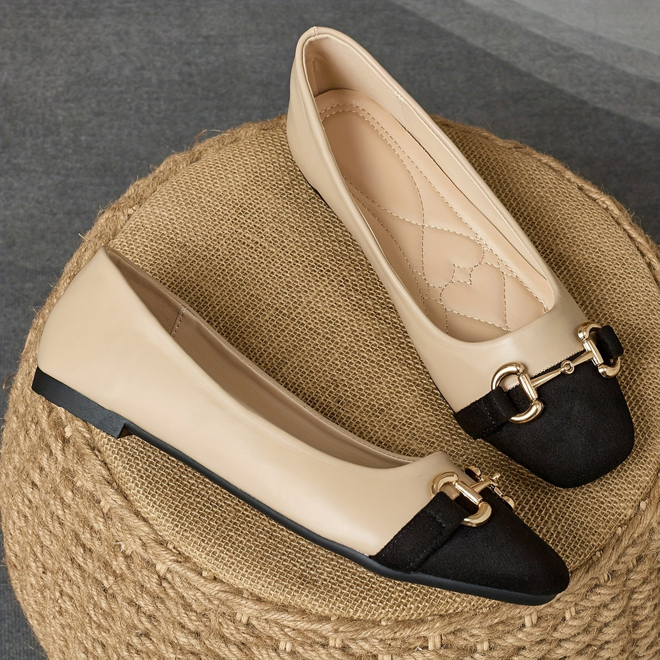 Women's Slip-On Flats Faux Cover Square Toe Loafers Two-Tone Beige Black