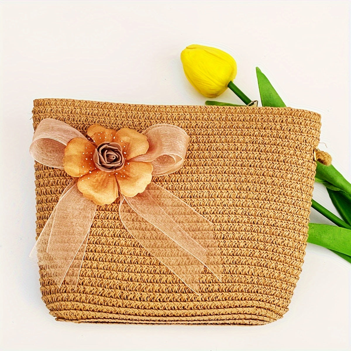 Women's Straw Hat and Pouch Set with Floral Accents for Outdoor and Vacation Use