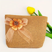 Women's Straw Hat and Pouch Set with Floral Accents for Outdoor and Vacation Use