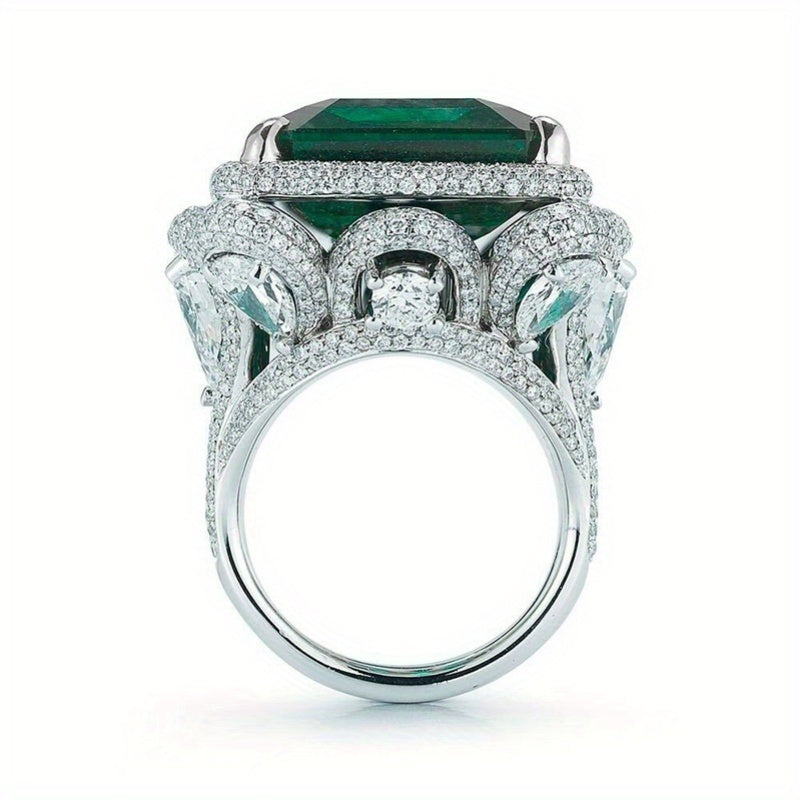 Emerald Green Synthetic Crystal Ring with CZ Accents for Women Engagement Wedding