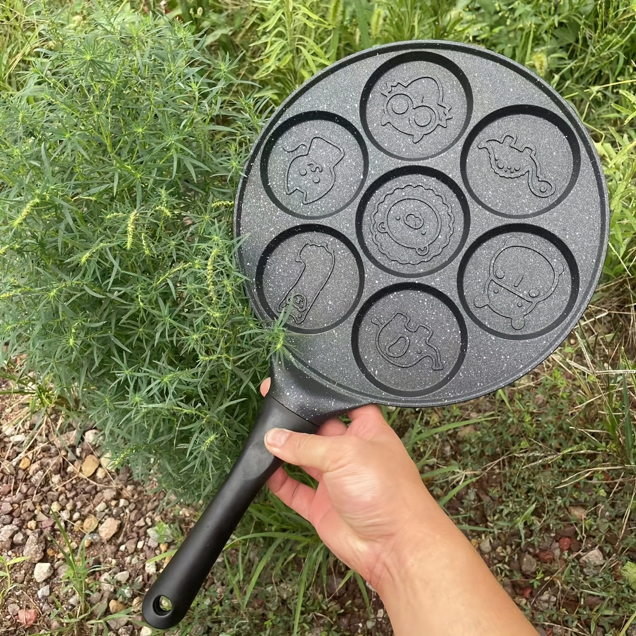 7-Hole Animal Pattern Non-Stick Pancake Pan Aluminum Alloy Detachable Handle Easy to Clean