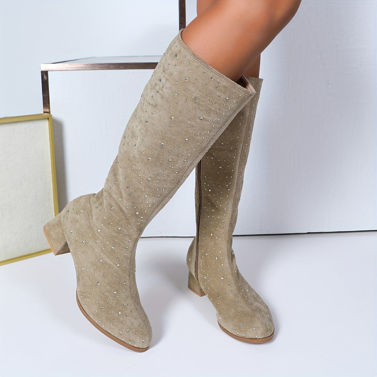 Women's Mid-Calf Rhinestone Boots with Zippered Low Block Heel Black