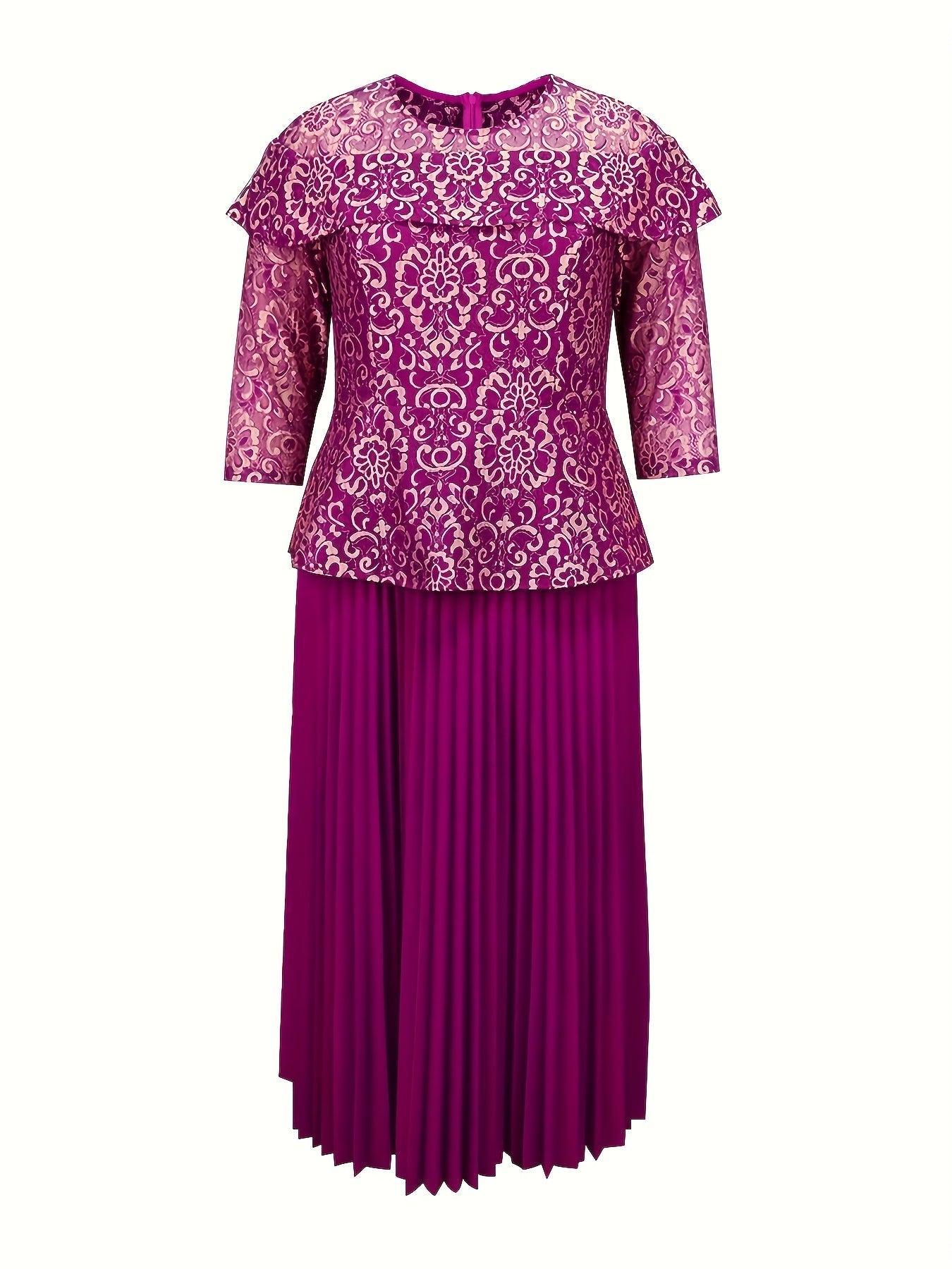 Women's Black Lace Trimmed A-Line Midi Dress with Pleats for Formal Events