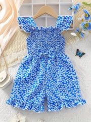 Girls Sleeveless Floral Jumpsuit with Ruffle and Bow for Summer Parties