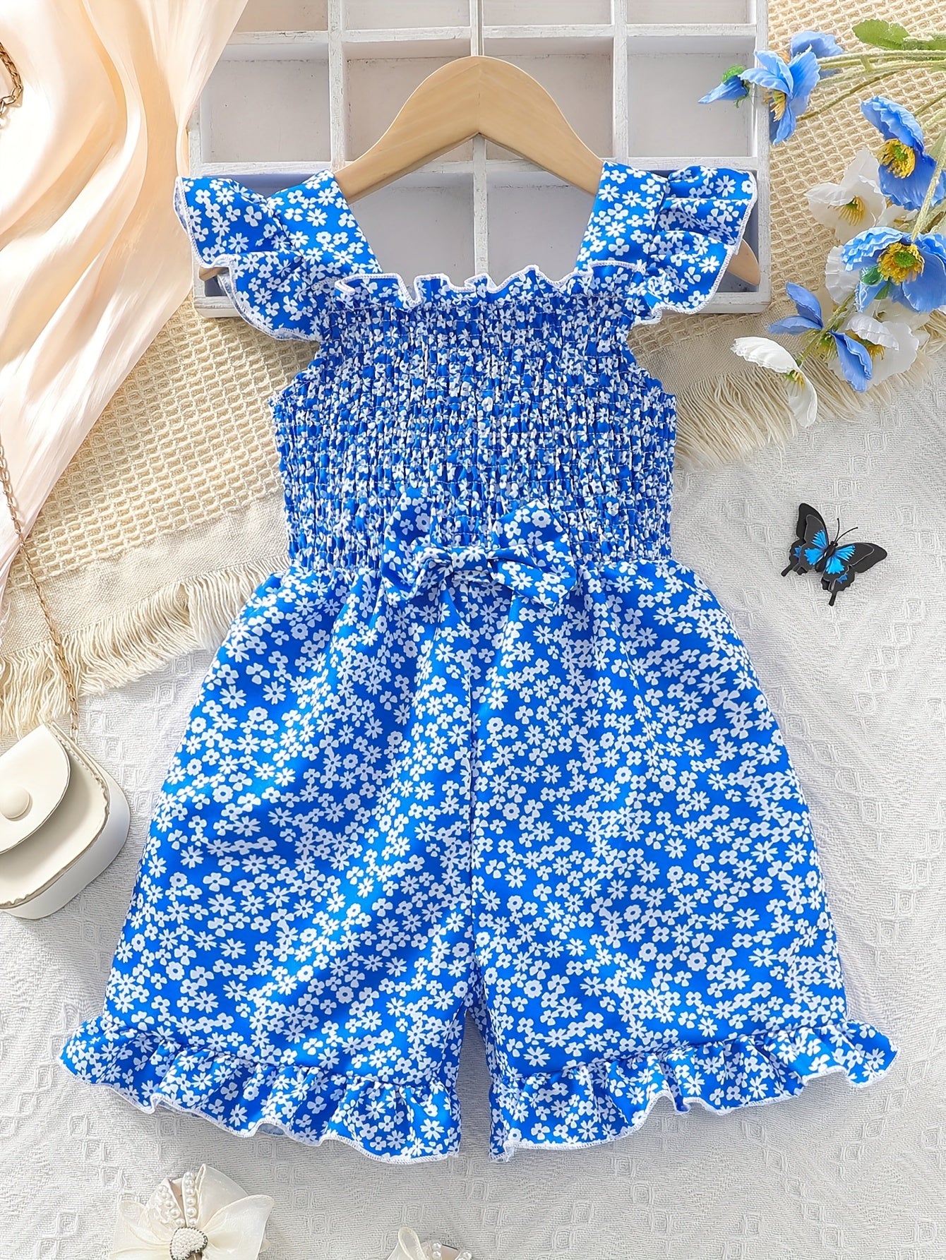 Girls Sleeveless Floral Jumpsuit with Ruffle and Bow for Summer Parties