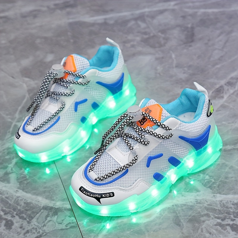 Kids LED Light-Up Sneakers Breathable Mesh Non-Slip Soft Sole for Boys Girls Toddler Children in White Blue Orange