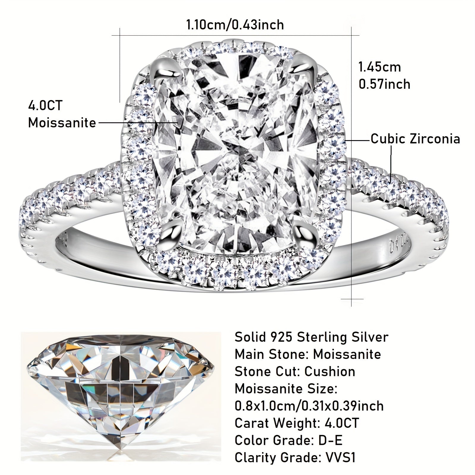 Zarif 4CT Moissanite To'y Halqasi - AQSh 10 o'lcham, VVS1 aniqlik, D-E rang, 925 sterling kumush, halo olmos o'rnatilishi va kubik zirkoniya yon toshlari, yuqori porloq, to'ylar va yubileylarga ideal.