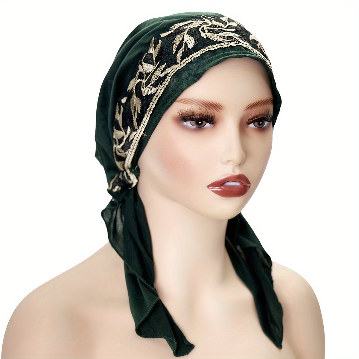 Black Elastic Chemo Hat with Embroidered Turban Design and Tails