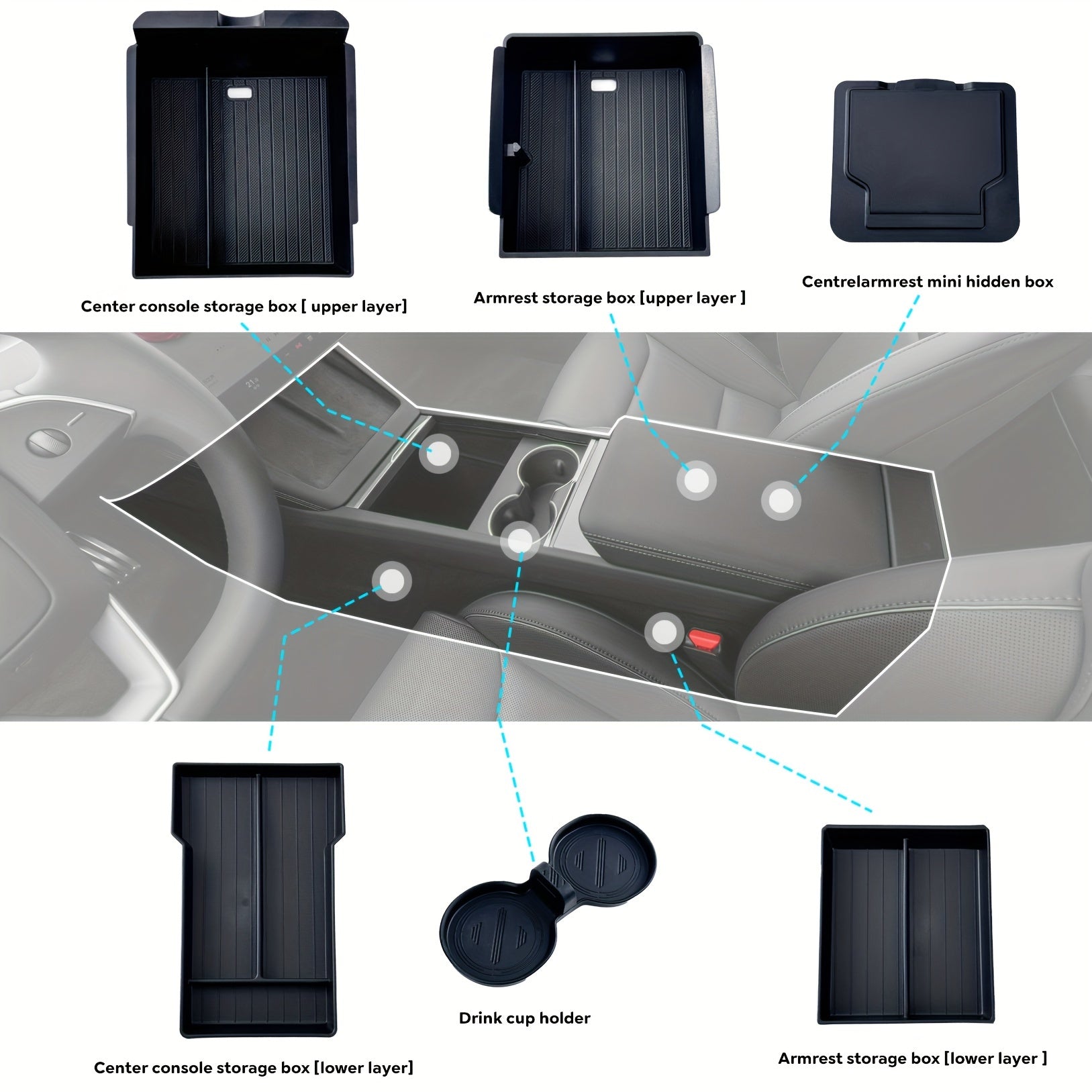 Car Interior Organizer for Tesla Model 3 Highland 6-Piece Storage Box Set