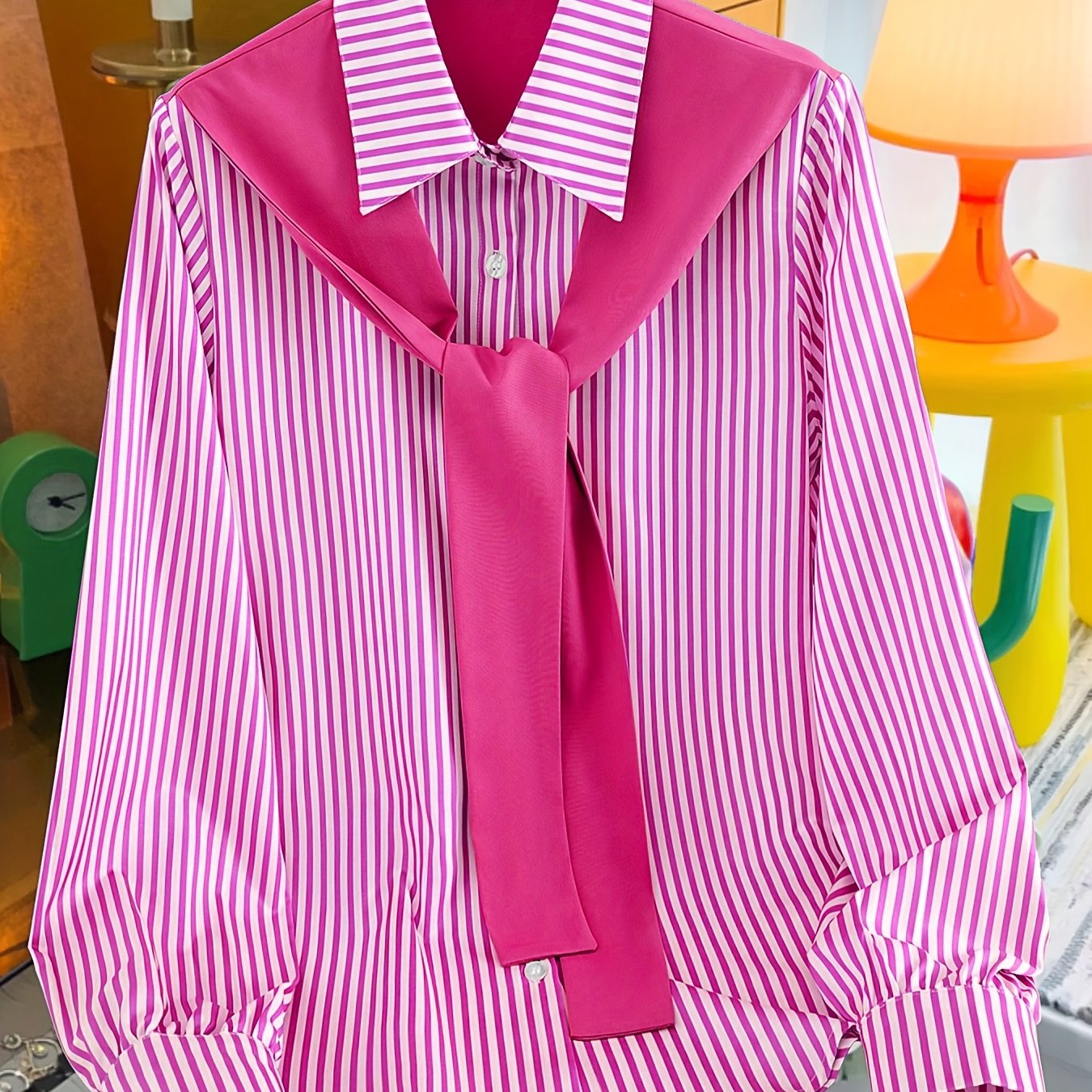 Women's Plus Size Striped Button-Up Shirt with Tie Neck Green White