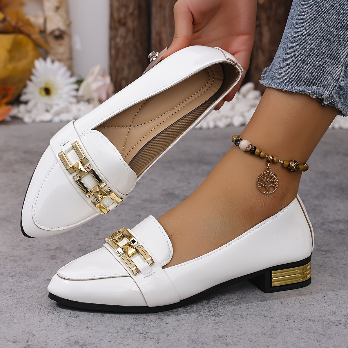 Women's Slip-On Loafers With Glitter Details Pointed Toe Mid-Heel Shoes