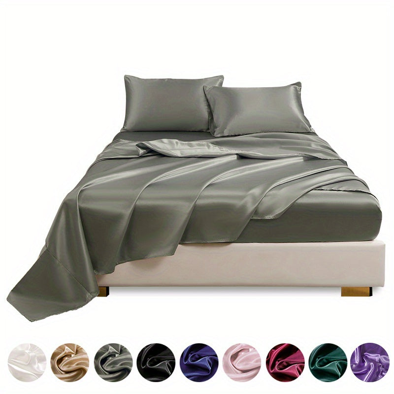 Polyester Satin Fitted Sheet Set 4 Pieces Includes Pillowcases Available in Twin Full Queen King