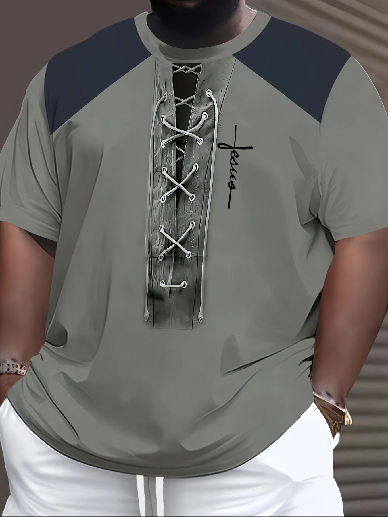 Camiseta de manga corta de malla transpirable para hombre de talla grande con estampado 3D, cuello redondo casual, verde oscuro