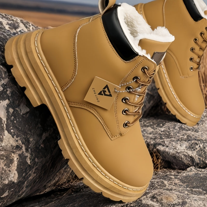 Erkaklar uchun yuqori bo'yli sayohat poyabzallari, ichki qismi to'quv, issiqlik izolyatsiyasi, mustahkam PU yuqori qismi, PVC taglik va doira barmoq dizayni bilan qishki ochiq havoda faoliyatlar uchun tasodifiy Britaniya uslubida. Sovuq ob-havo