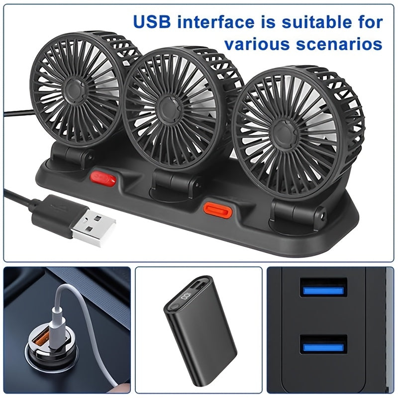 USB 5V Car Fan with Adjustable Three Heads Compact Easy to Install