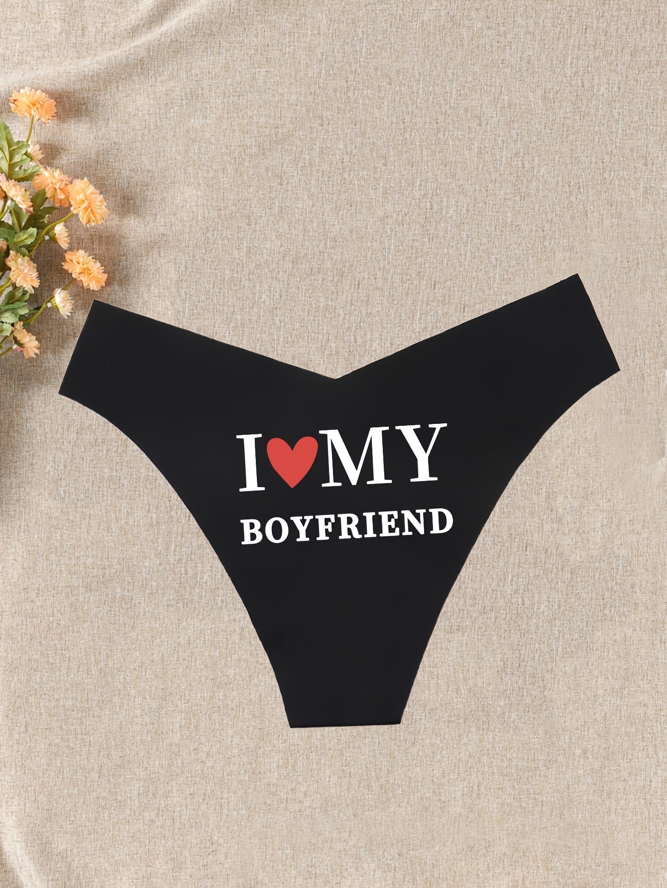 Women's Stretchy Lace Thong with "I Love My Boyfriend" Text for Valentine's Day
