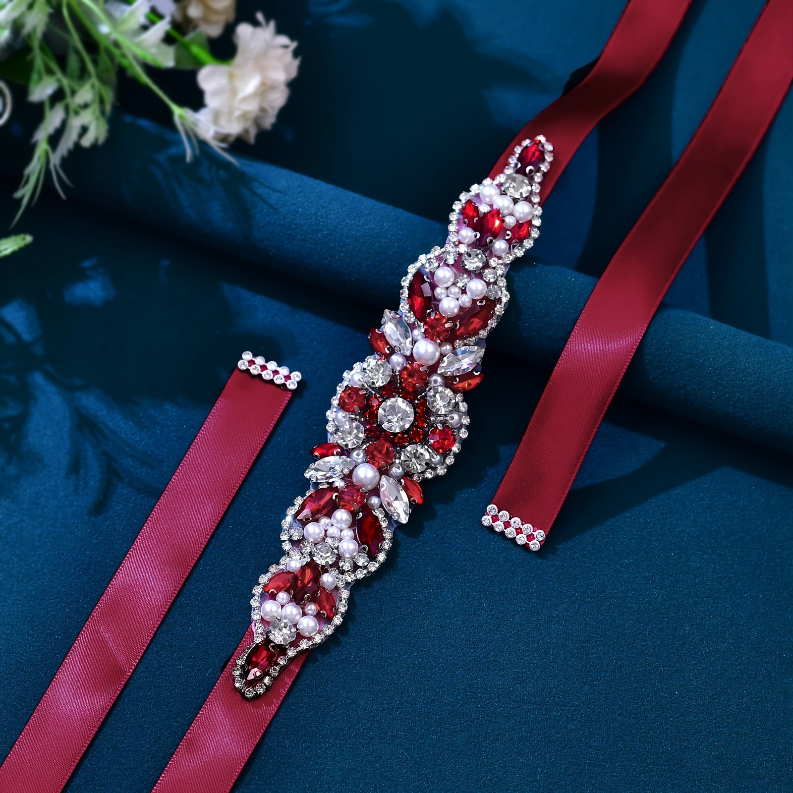 Red Satin Wedding Sash Belt with Rhinestones for Bridal Dresses and Evening Gowns