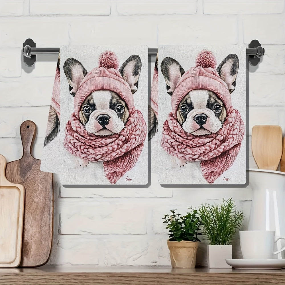 Set of 2 Ultra Soft Kitchen Towels with French Bulldog Puppy Design, Absorbent, 40x60 cm