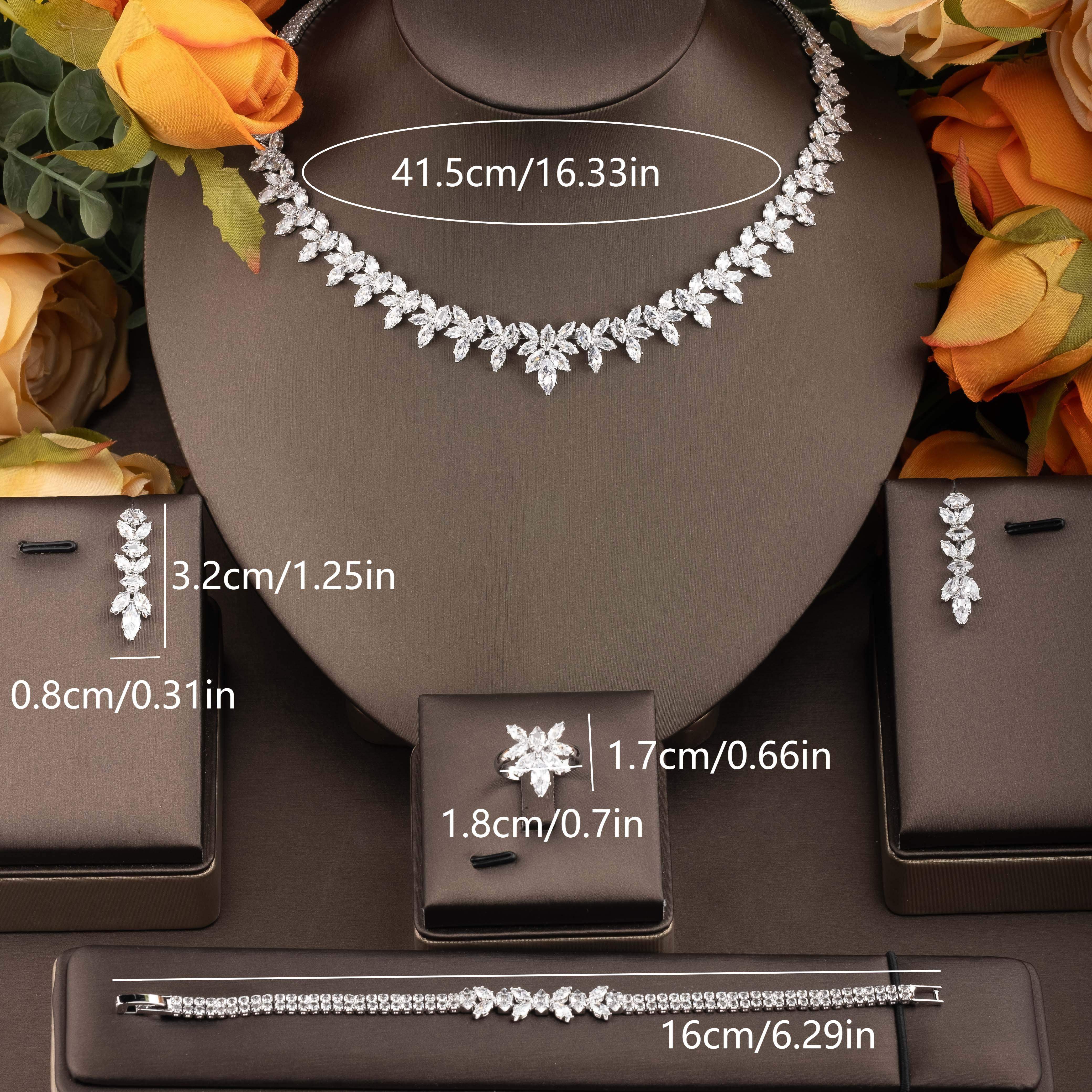 Women's Jewelry Set with Cubic Zirconia Leaf Design Necklace Earrings Ring Bracelet for Weddings and Galas
