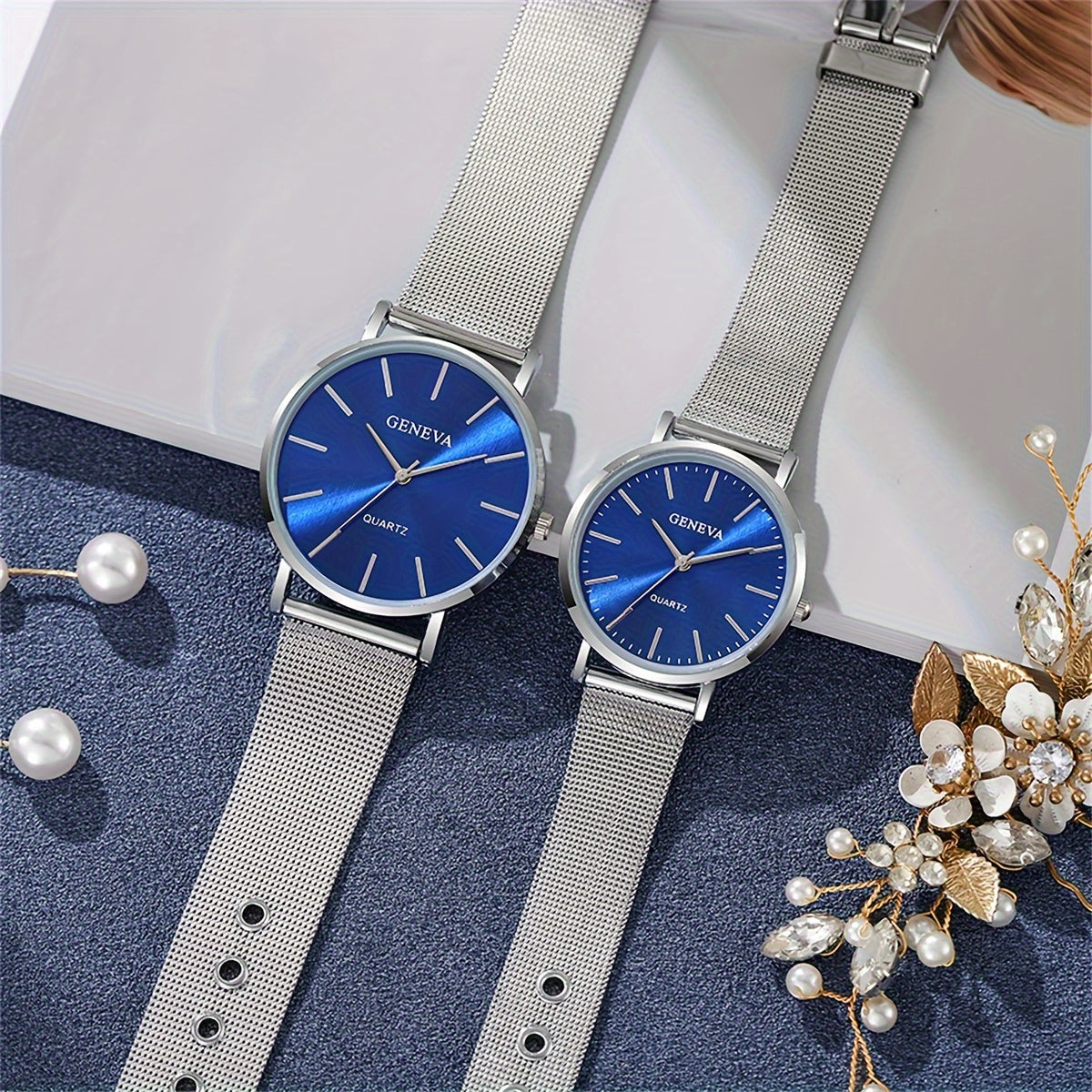 Reloj de pareja de malla de oro para hombres y mujeres, elegante y romántico, regalo