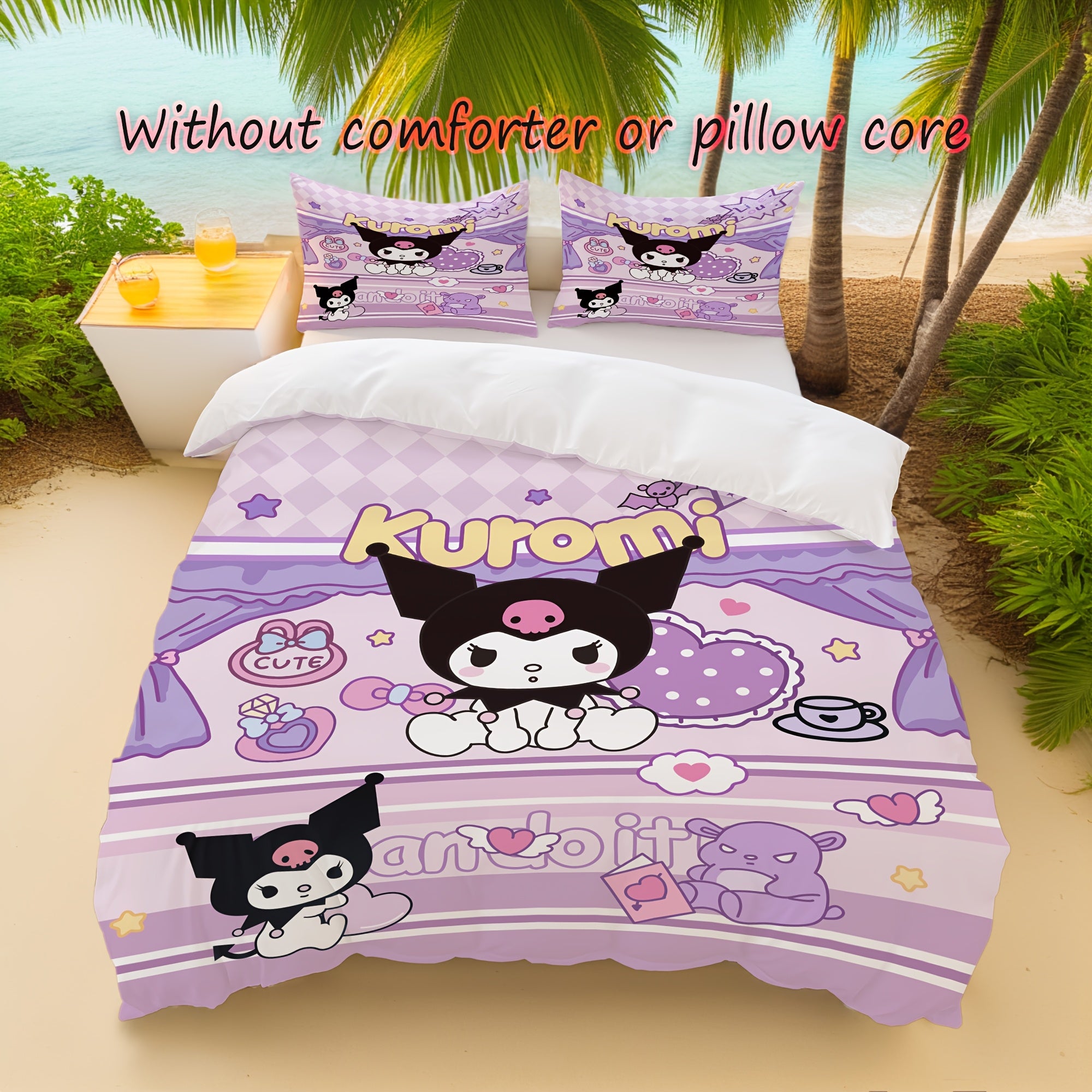 Anime Polyester Bedding Set for Teens Purple Duvet Cover with Zipper Closure