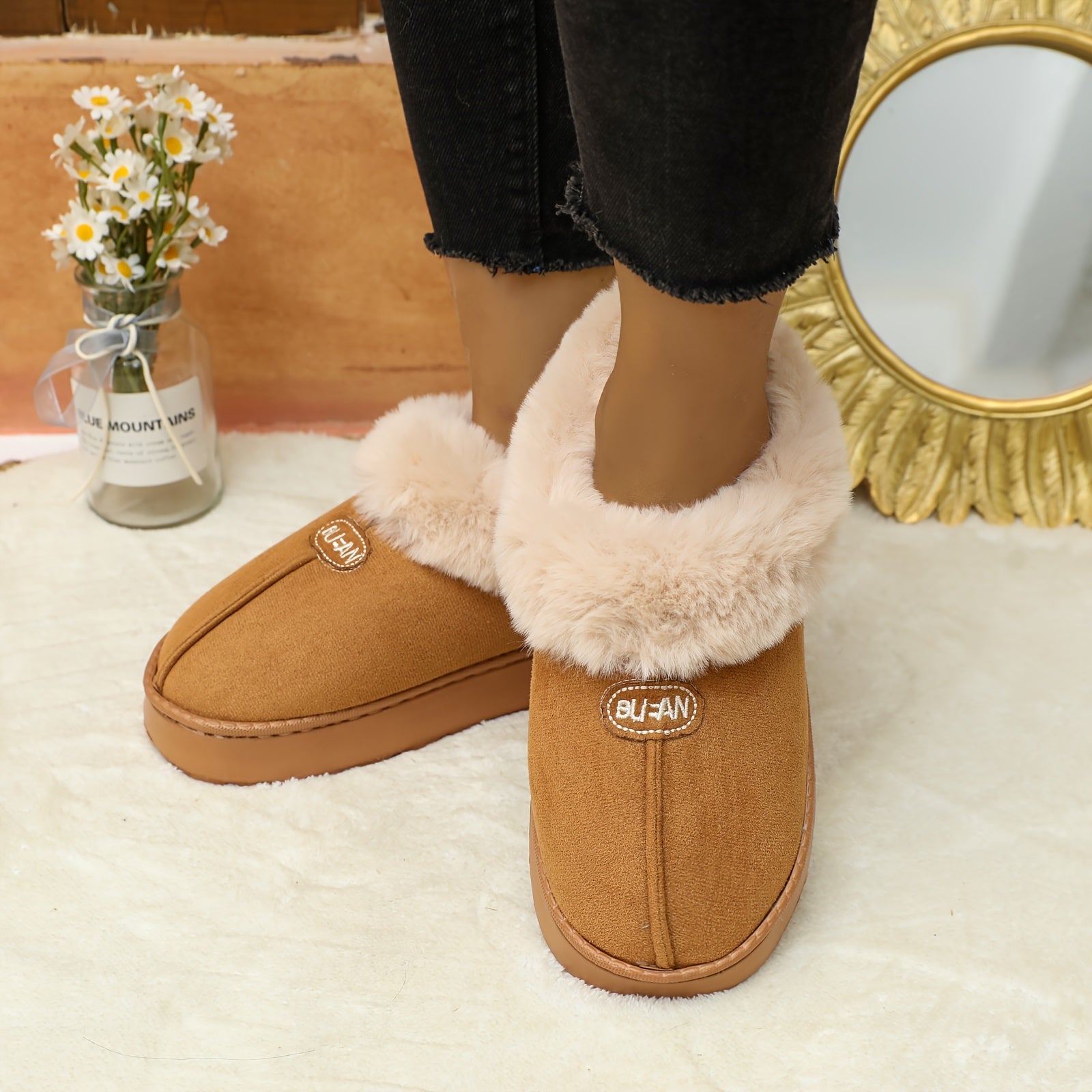 Women's Winter Slippers Indoor Outdoor Cushioned EVA Brown White Plush