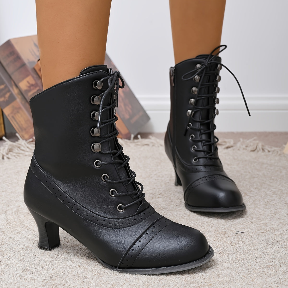 Women's Ankle Boots Faux Leather Chunky Heel Lace-Up Zipper Black