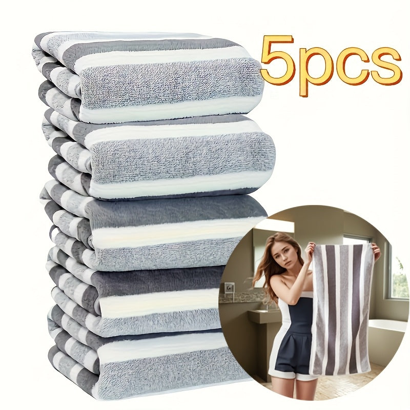 Soft Coral Fleece Towel Set 5 Pieces Quick-Dry Striped Polyester 280gsm