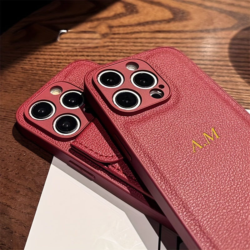 Golden Letter Faux Leather Phone Case for iPhone with Card Slot Shockproof Back Cover