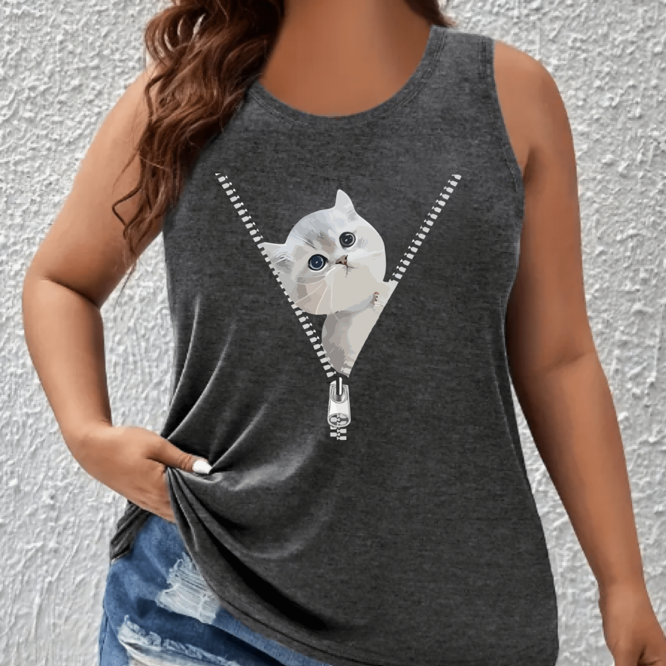 Women's Plus Size Off-The-Shoulder Sleeveless Top with Cat Print Breathable Fabric