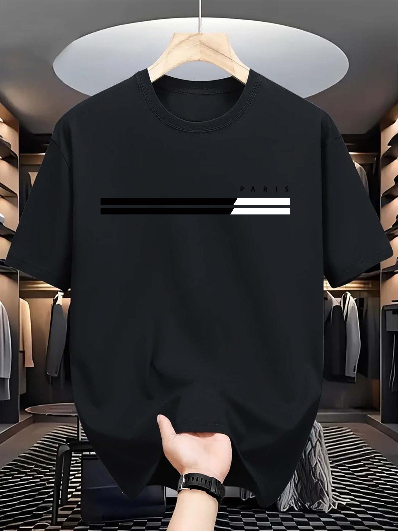 Camiseta casual de manga corta para hombre, poliéster a cuadros, cuello redondo, para todas las estaciones