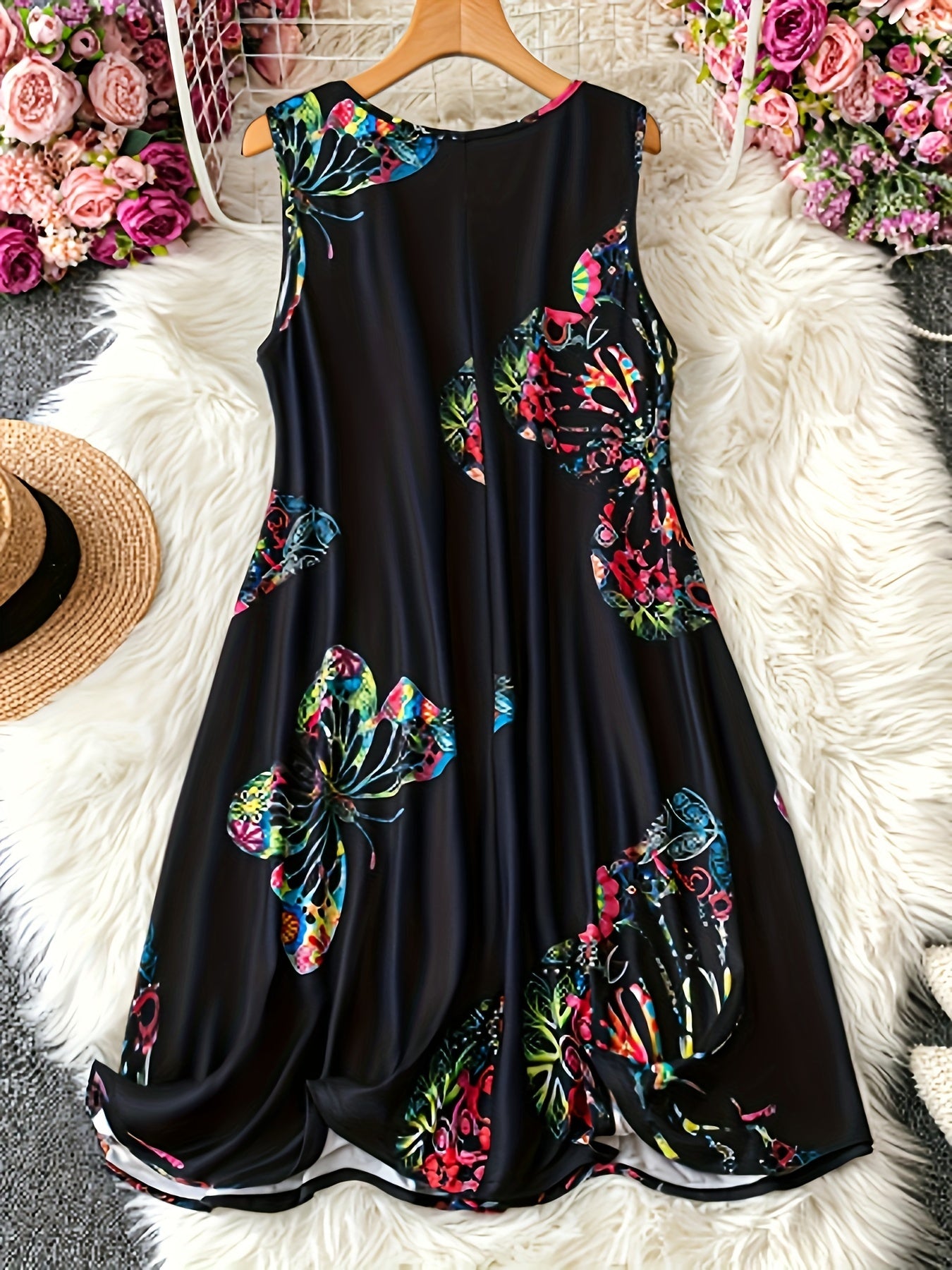 Летний платье-майка с бабочками и круглым вырезом, средняя эластичность, полиэстеровая вязка