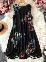 Летний платье-майка с бабочками и круглым вырезом, средняя эластичность, полиэстеровая вязка