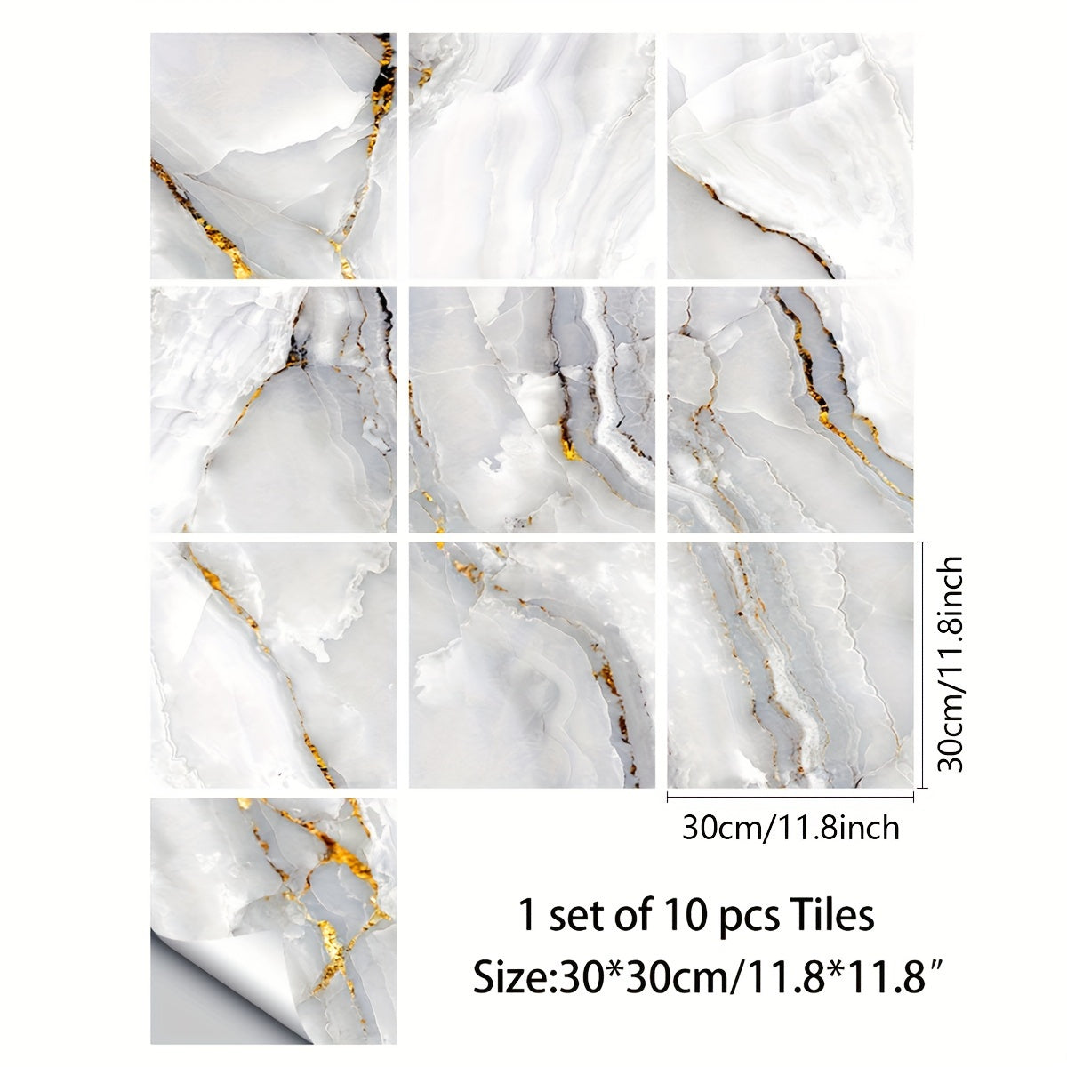 Waterproof Marble Pattern PVC Floor Stickers for Kitchen Decor, 10 Pieces