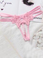 Women's Black Sheer Polyester Thongs with Floral Embroidery and Pearl Accents