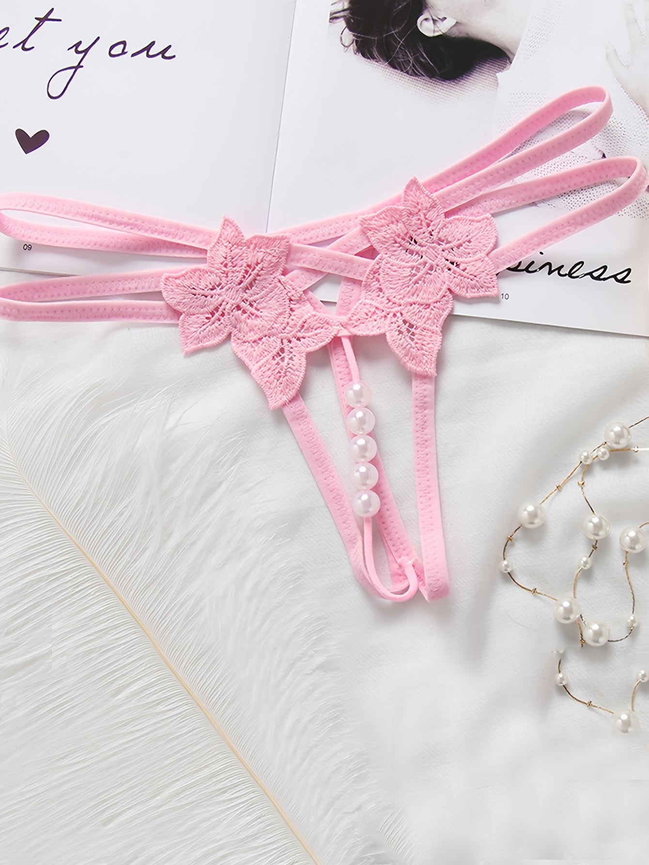 Women's Black Sheer Polyester Thongs with Floral Embroidery and Pearl Accents